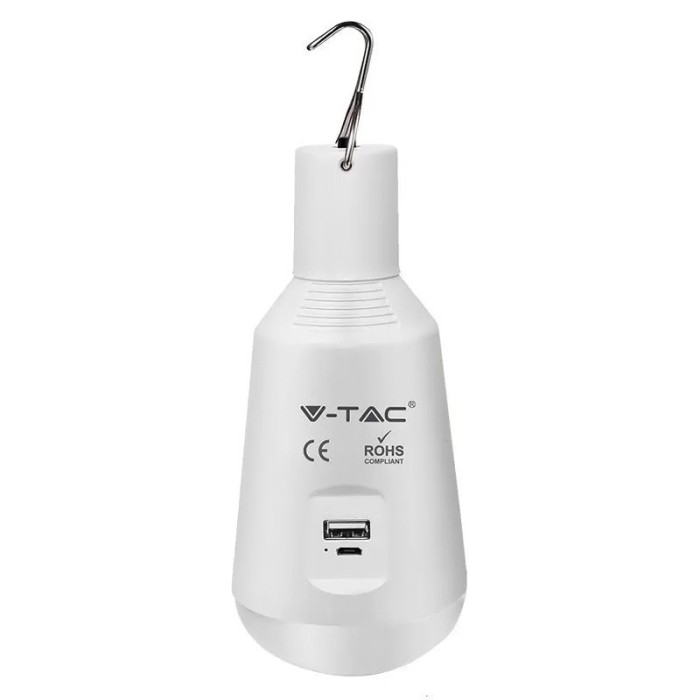 Bec LED, fasung E27, 7W, 3in1, acumulator, panou incarcare solara, USB, ideal camping, V-TAC, SKU-2857