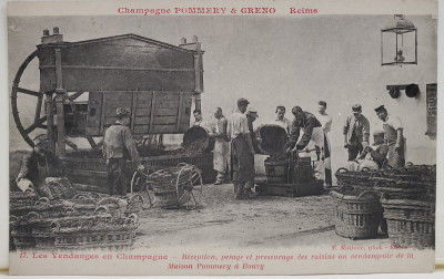 SAMPANIE POMMERY si GRENO , REIMS , RECOLTA LA CHAMPAGNE , RECEPTIA STRUGURILOR LA PRESA , INCEPUTUL SEC. XX foto