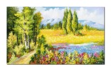 Cumpara ieftin Tablou peisaj cu flori multicolore pictat manual, Colt de rai, 100x60cm ulei pe panza Constantin Feraru