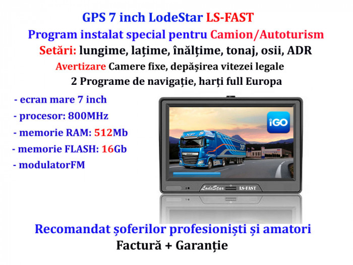 GPS 7&quot;HD+Parasolar LodeStar, iGO PRIMO Full Europa setari pentru Camion/TIR