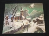 colectie / arta / design - Pictura ulei pe carton peisaj montan de iarna la tara cu biserica si case semnat Cozma anul 1969 !