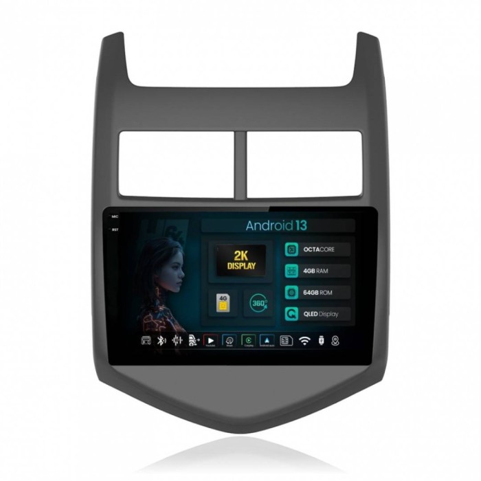 Navigatie 2K Chevrolet Aveo 2 (2010-2015) 4GB RAM Android 13 Octacore Slot Sim 4G DSP GPS Wi-FI Carplay Android Auto USB Bluetooth Waze Touchscreen 9.