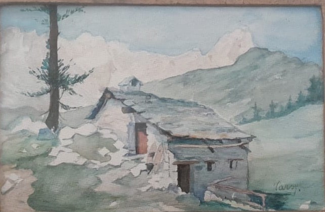 Tablou &rdquo;Peisaj montan&rdquo;, semnat, acrilic pe carton, ramă și paspartu 45 x 35