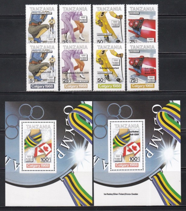 Tanzania 1988 - Jocurile Olimpice de iarnă &ndash; Calgary, 2 SeriI + 2 Colițe, CU ȘI FĂRĂ SUPRATIPAR, SET COMPLET, MNH