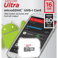 Card de memorie SanDisk Ultra Android microSDHC, 16GB, 80 MB/s Citire, Clasa10, UHS-I