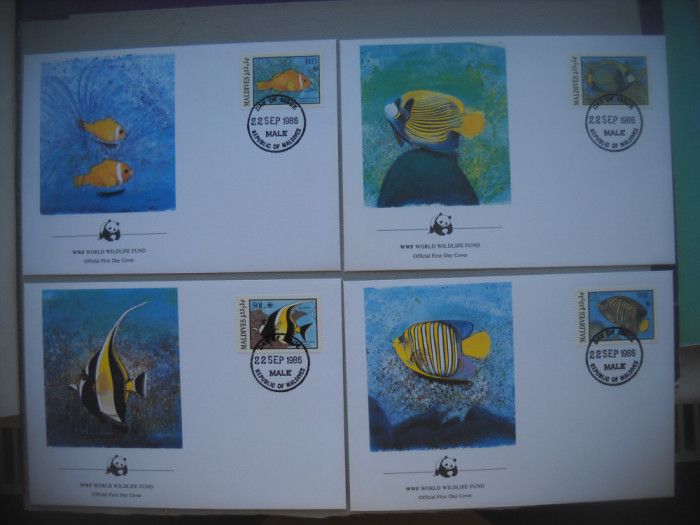 HOPCT PLIC S FDC 1853 PESTI DIN MALDIVE 1986 -SET 4 FDC FAUNA-WWF