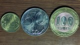 Kazahstan - set 3 monede frumoase - 5 + 50 + 100 tenge 2005-2007 - calitate necirculata - cea de 100 bimetal, superba !