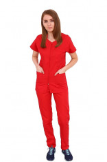 Costum medical rosu, bluza cu fermoar cambrata, trei buzunare si pantaloni cu elastic XL INTL foto
