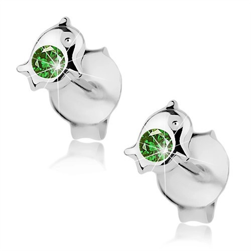 Cercei din argint 925, delfin &icirc;mpodobit cu cristal Swarovski verde