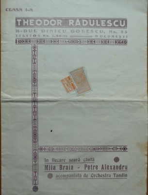 Meniu restaurant Theodor Radulescu, cl.I, canta Mia Braia, formatia Tandin, 1940 foto