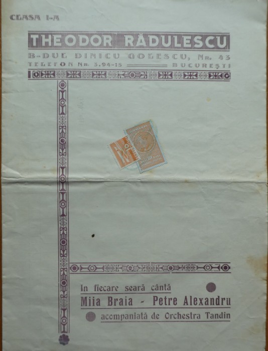 Meniu restaurant Theodor Radulescu, cl.I, canta Mia Braia, formatia Tandin, 1940
