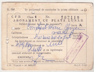 bnk div CFR - Abonament lunar cls 1 - 1969 foto