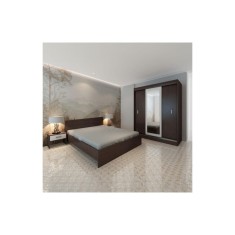 Dormitor Bianka, 4 Piese, Pat 160 x 200, 2Noptiere, Dulap cu usi glisante, Culoare Wenge/Alb