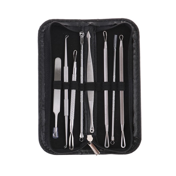 Trusa pentru extractia punctelor negre si a cosurilor, 8 piese, inox, husa din piele ecologica