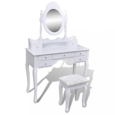 vidaXL Masă de toaletă cu oglindă și taburet, 7 sertare, alb foto