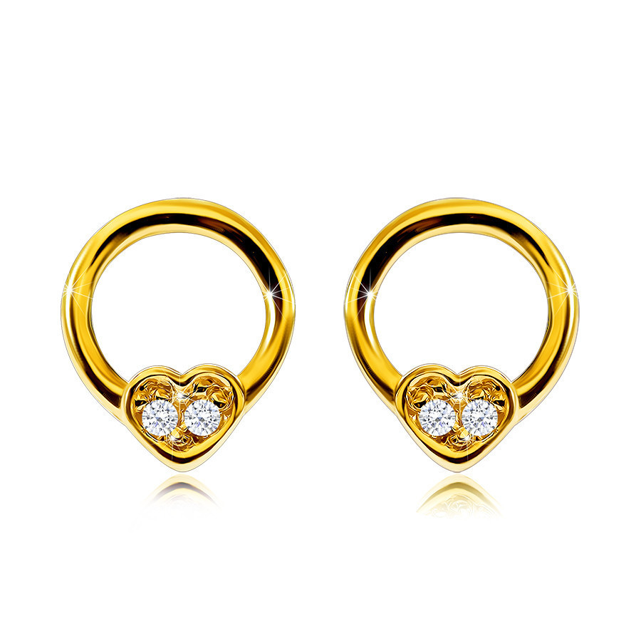 Cercei din aur galben de 9K - cerc îngust cu o inimă mică, diamante rotunde  | Okazii.ro