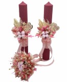 Set buchet si lumanari cu flori de bumbac si plante naturale uscate, lumanari tip fagure - Roz, Eventissimi&reg;
