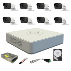 Sistem supraveghere video 8 camere exterior Turbo HD 5MP IR80m Hikvision cu toate accesoriile incluse, cadou HDD 2TB SafetyGuard Surveillance