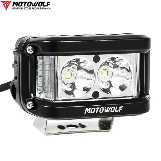 Proiector led moto/atv/auto Motowolf, DRL rosu/albastru, impermeabil, aluminiu, 25W, 6500K