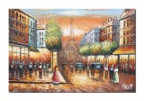 Tablou pictat manual, Parisul interbelic, bulevard animat, 90x60cm ulei pe panza in cutit efect 3D