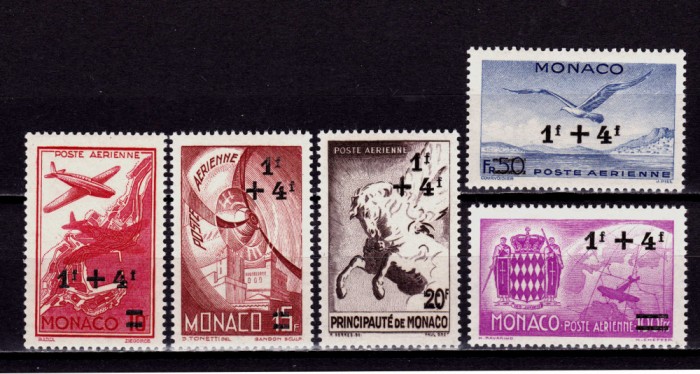 ✅Monaco 1945 gravate Posta Aeriana cu supratipar/1942 ,serie full 297/301,MNH