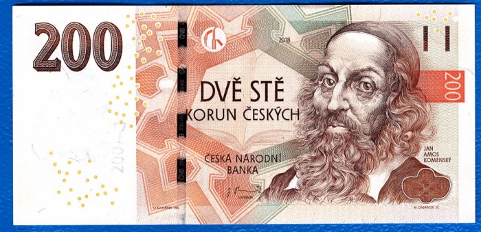 (4) BANCNOTA CEHIA - 200 KORUN 2018, PORTRET JAN AMOS KOMENSKY, STARE AUNC/UNC