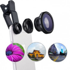 Set Lentile Profesionale 3in1 pentru Telefon sau Tableta 180 Fisheye 10X Macro Lens 0.65X Wide Angle foto