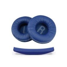 Set 2 bureti TXE + Banda superioara pentru casti JBL Tune 525BT / 520BT / 510BT / 500BT On-Ear, Albastru, Spuma cu memorie, Piele ecologica creponata