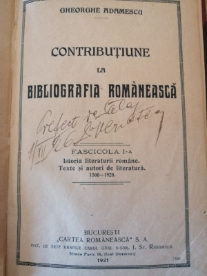 Gheorghe Adamescu - Contributiune la bibliografia romaneasca - fascicola 1, 1921 foto