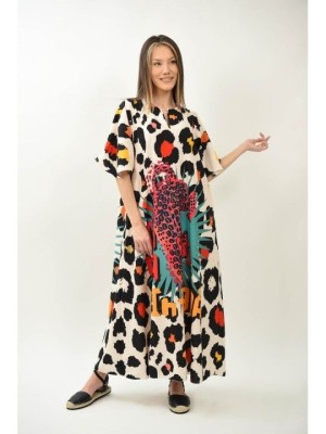 ROCHIE LUNGA CU ACCENTE COLORATE SAFARI MANECI CLOPOT MONTAJ MULTICOLOR TALIE UNICA Multicolora foto