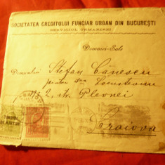 Plic 1915 francat 10 bani Carol I tipografiate ,antet Soc.Creditului Funciar Urb