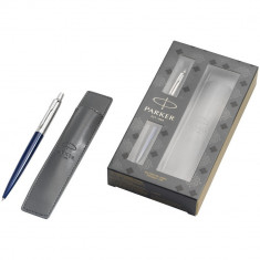 Set cadou pix Parker Jotter si husa, metal, albastru, breloc inclus din piele ecologica si metal foto