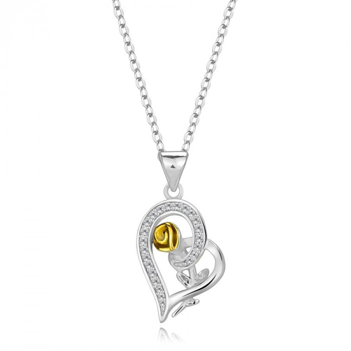 Colier din argint 925 &ndash; conturul inimii cu zirconii, trandafir cu cap auriu
