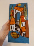 Placa ceramica decorata / galzurata, sat pescaresc la mare, cu barca, 30x15cm