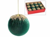 Set 12 ornamente brad Craciun catifea verde sclipici auriu &Oslash; 10 cm