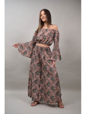COMPLEU PANTALONI SI TOP CROP CU MANECA LUNGA VERONICA Roz S-M foto
