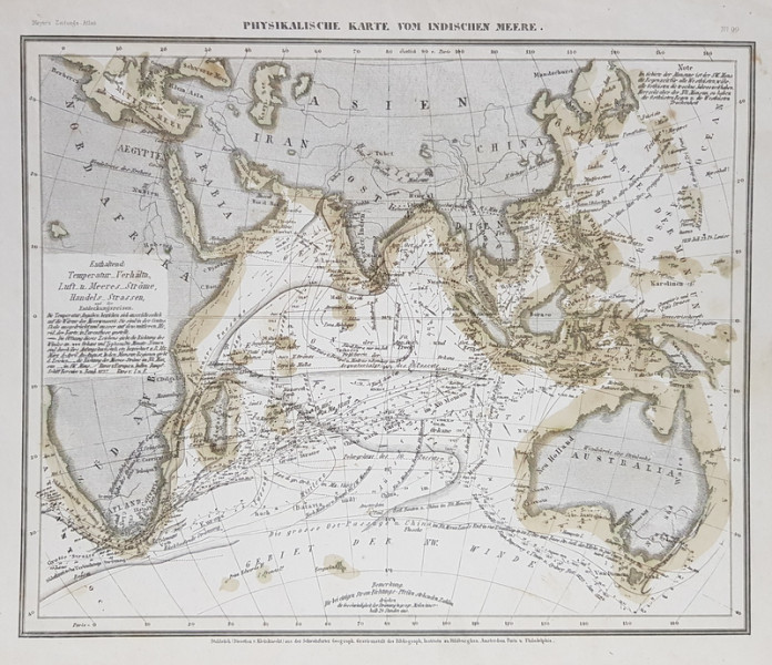 HARTA FIZICA A OCEANULUI INDIAN , EXPLICATII SI NOTATII IN LIMBA GERMANA , MIJLOCUL SEC . XIX