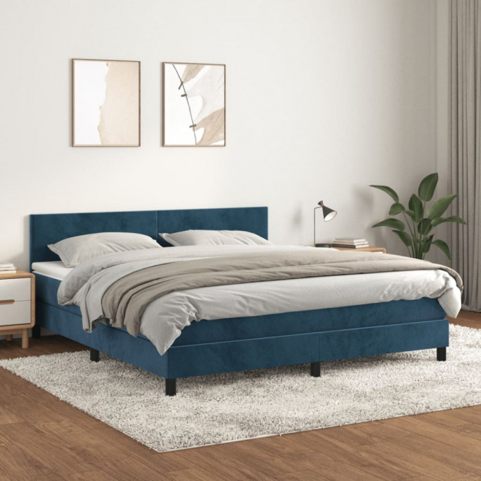 vidaXL Pat box spring cu saltea, albastru &icirc;nchis, 160x200 cm, catifea