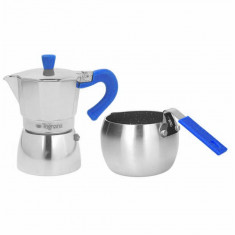 Set cafetiera si fierbator lapte Grancucina, Tognana, aluminiu, argintiu/albastru