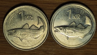 Islanda -set monede cu erori batere interesante - 1 krona coroana 1996 &amp;amp; 2005 foto