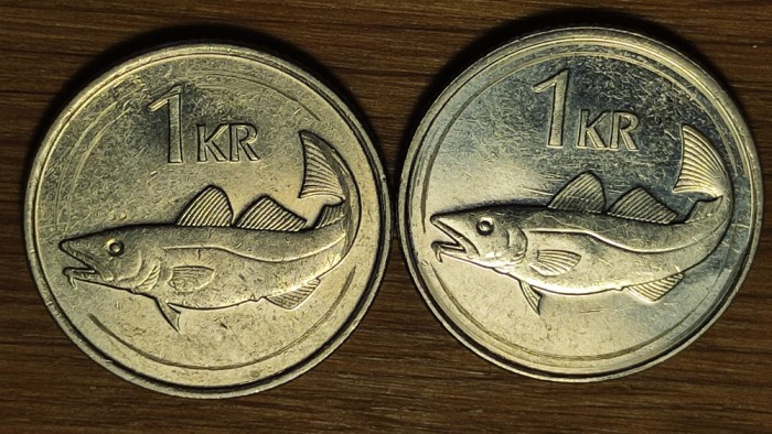Islanda -set monede cu erori batere interesante - 1 krona coroana 1996 &amp; 2005