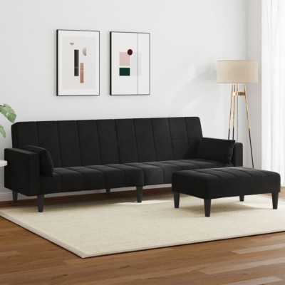 vidaXL Canapea extensibilă cu taburet, 2 locuri, negru, catifea 3258136 foto