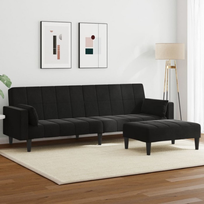 vidaXL Canapea extensibilă cu taburet, 2 locuri, negru, catifea 3258136