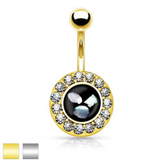 Piercing pentru buric, din oţel, cerc negru cu bucăţi de sidef, margine cu zirconiu - Culoare Piercing: Auriu
