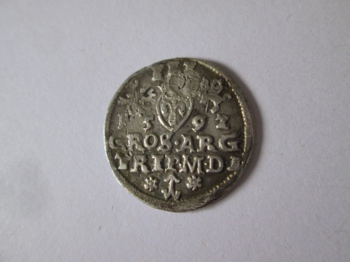Rara! Uniunea statala Polono-Lituaniana 3 Groschen/Trojak 1592 argint monetaria Vilnius,Sigismund III Vasa,diametrul=21 mm,greutate=2,30 grame