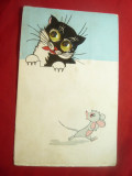 Ilustrata -Felicitare dubla - Pisica cu ochi mobili si soricel, Necirculata, Printata