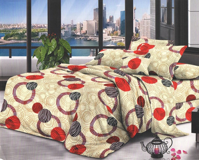 Lenjerie de pat pentru o persoana cu husa elastic pat si 2 fete perna patrata, Lucida, bumbac mercerizat, multicolor