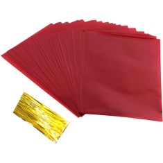 Set de 50 pungi pentru ambalare din celofan, 15 x 23 cm, cu legatori, perfect pentru delicatese si evenimente speciale, rosu Rosu 23 cm 50