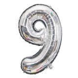 Balon din folie flippy, cifra 9, 81 cm, pentru aer sau heliu, bulk, argintiu