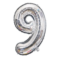Balon din folie flippy, cifra 9, 81 cm, pentru aer sau heliu, bulk, argintiu